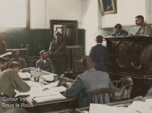 Commandant Gideon Scheepers' trial (Scheepers is sitting in the middle facing the camera)