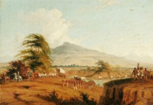 Thomas Bain's painting of British Troops crossing the Orange River at Norval's Pont in 1852